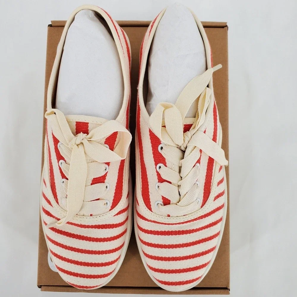 Soludos Marin Stripe Canvas Sneaker Womens 7.5 Poppy Red Cream Lace Up Round Toe